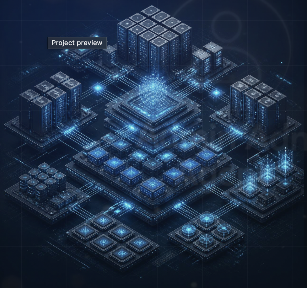 Isometric visualization of interconnected AI compute and data infrastructure